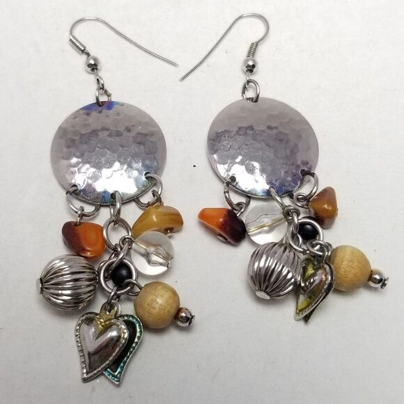 Vintage Boho Dangle Beaded Fringe Earrings, Silver Tone, Hammered Finished - Picture 2 of 6